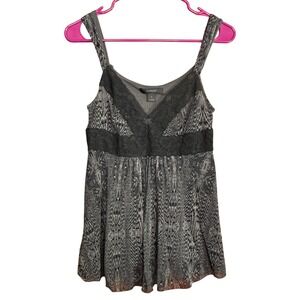 VTG Express Grey Black Abstract Mesh Lace Trim Babydoll Cami Top M Y2K EUC Club